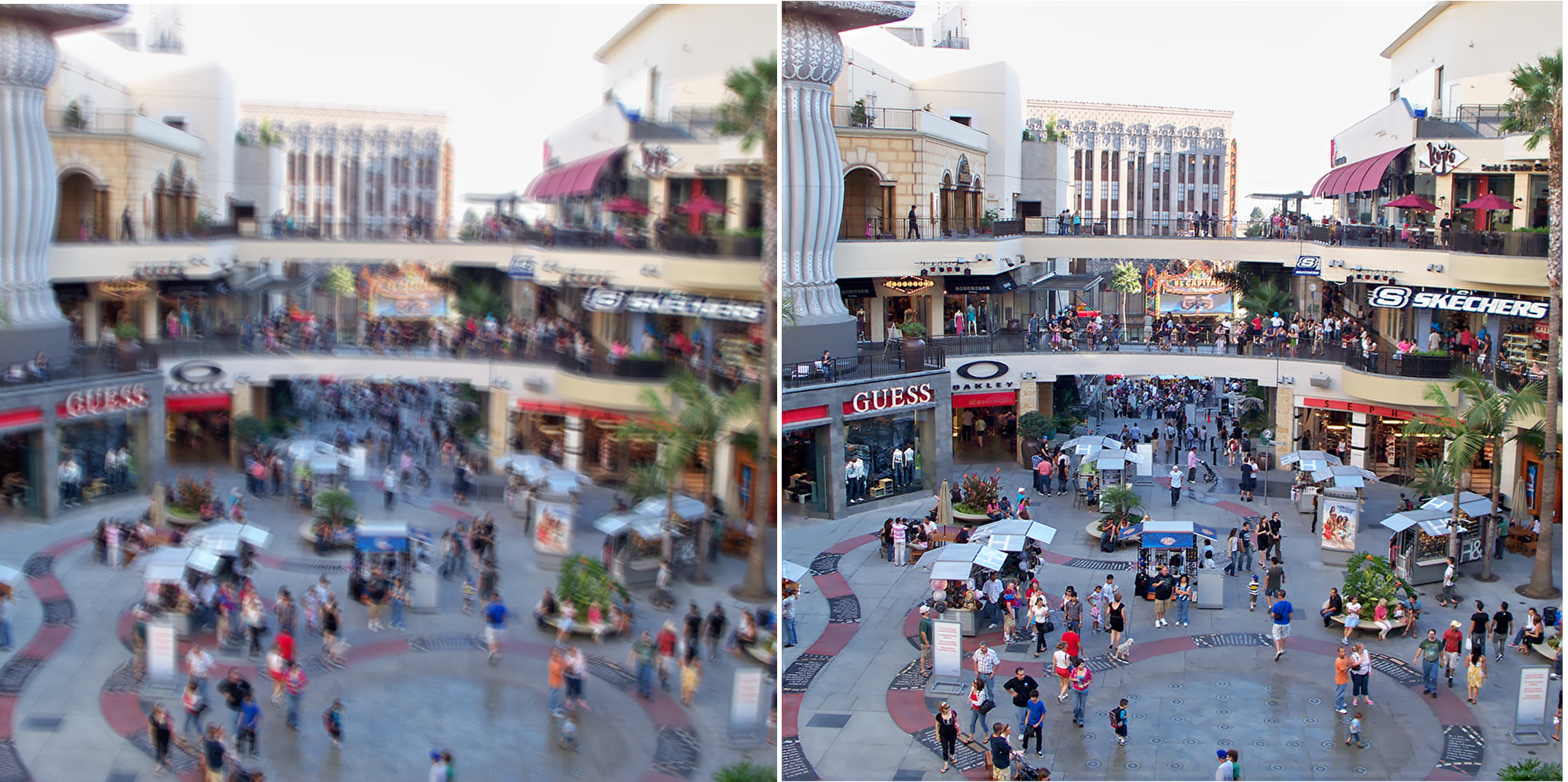Before and After Images of a Crowded Plaza Cleaned Up with the Photoshop Deblurring Tool