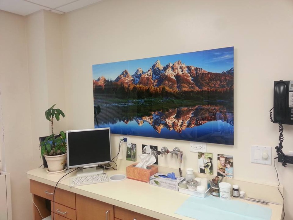 An acrylic photograph of mountains on a wall