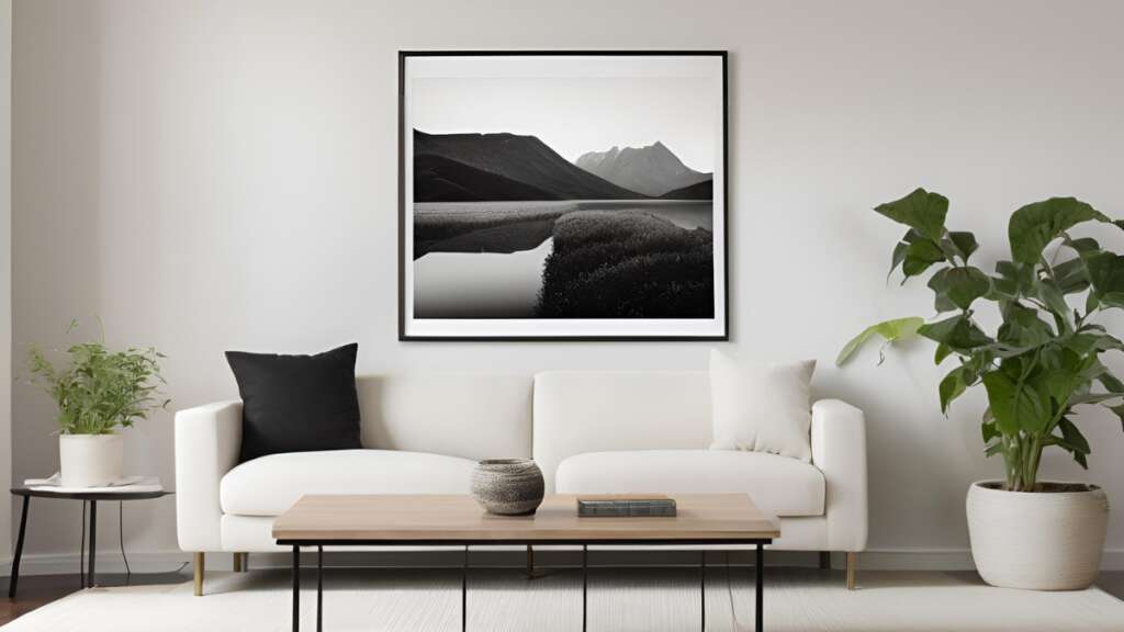 black and white landscape print hung on the wall above a white couch in a clean, modern living room